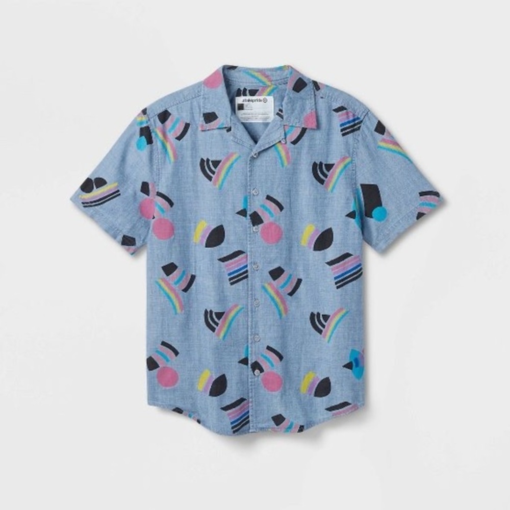 Pride Adult Short Sleeve Woven Multiflag Button-Down Shirt - Blue Denim nwt